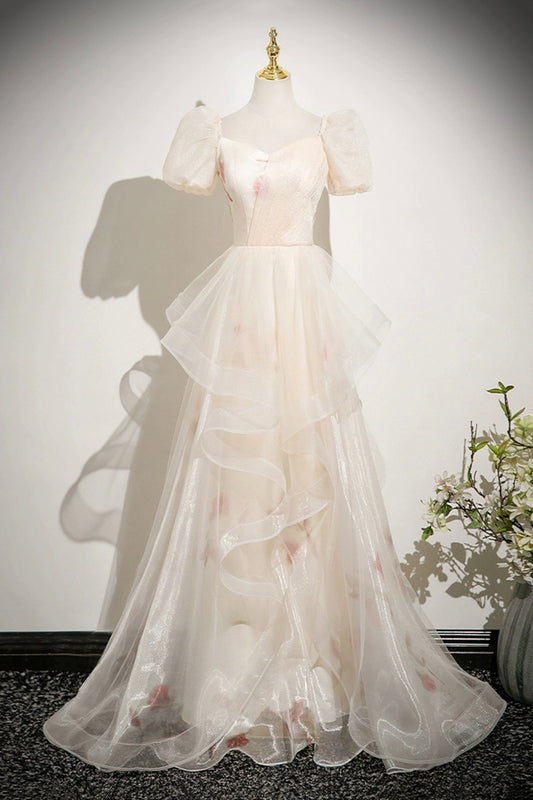 Champagne Tulle Printed Long Prom Dress, Beautiful A-line Evening Dress  - RF0436