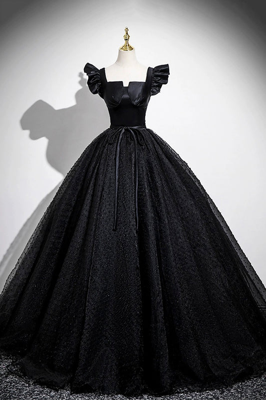 Black Satin Tulle Long A-Line Prom Dress Elegant Square Neck Formal Evening Dresses- RF0439