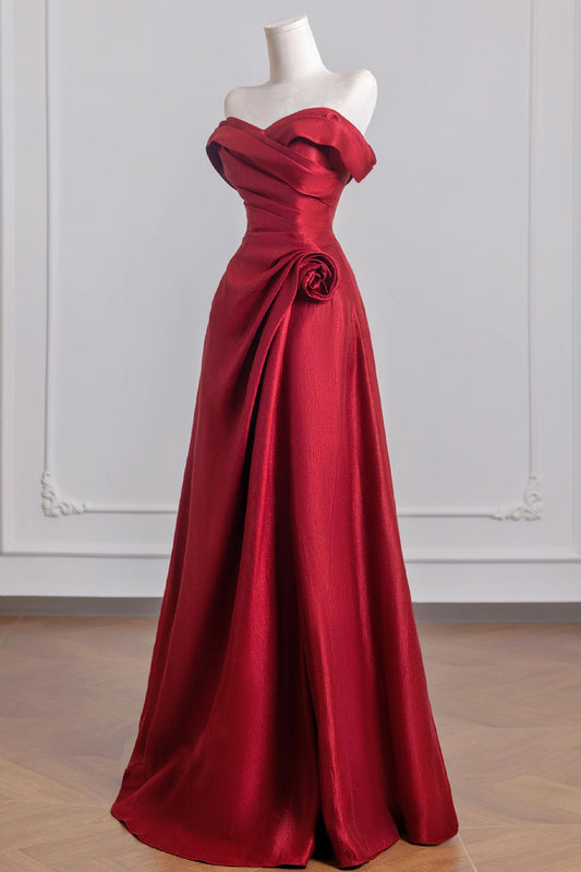 Burgundy Satin Elegant Long Prom Dress, Off the Shoulder A-Line Evening Dress - RF0440