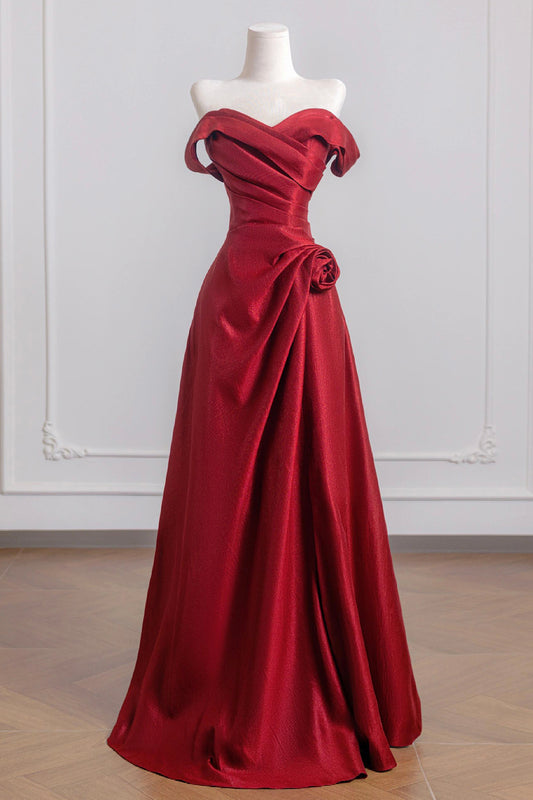 Burgundy Satin Elegant Long Prom Dress, Off the Shoulder A-Line Evening Dress - RF0440