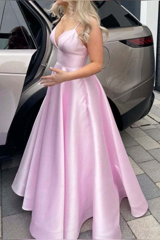 Rosa V-Ausschnitt Satin A-Linie Spaghettiträger Brautjungfernkleid Ballkleid - RF0449