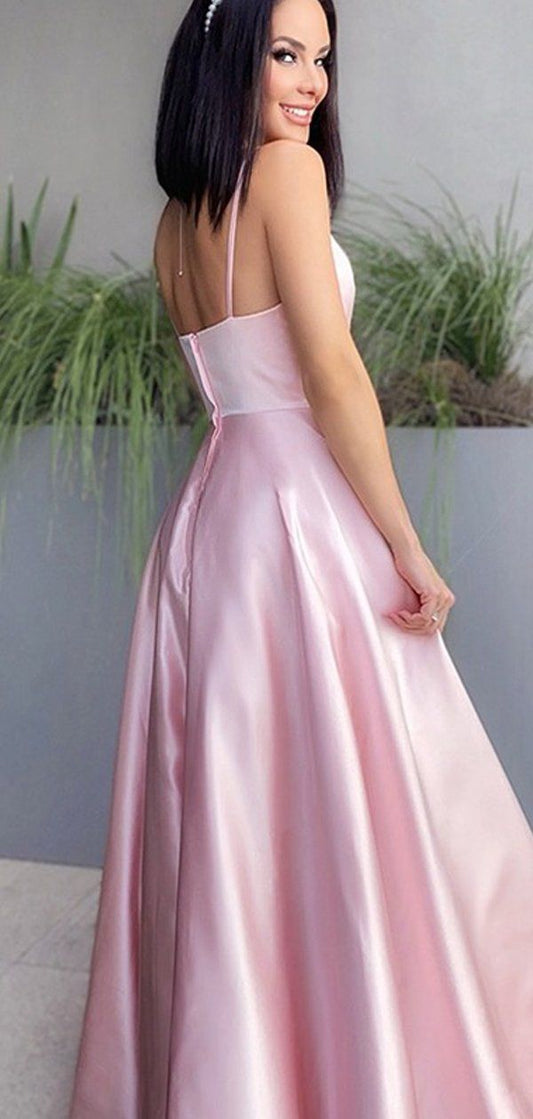 Rosa V-Ausschnitt Satin A-Linie Spaghettiträger Brautjungfernkleid Ballkleid - RF0449