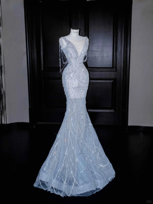 Elegant Ice Blue Tulle Beaded Mermaid V Neck Prom Dresses Formal Evening Dresses- RF0520