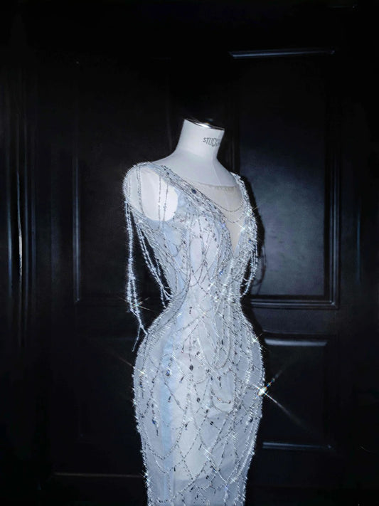Elegant Ice Blue Tulle Beaded Mermaid V Neck Prom Dresses Formal Evening Dresses- RF0520