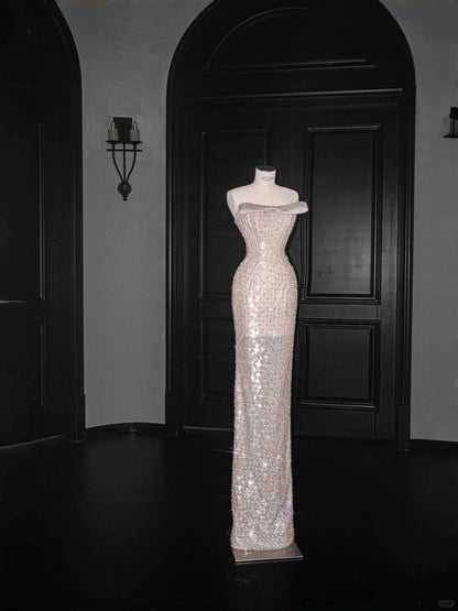 Gorgeous Strapless Blush Pink Sequin Chiffon Sheath Prom Dresses Sweet Formal Evening Dresses- RF0452
