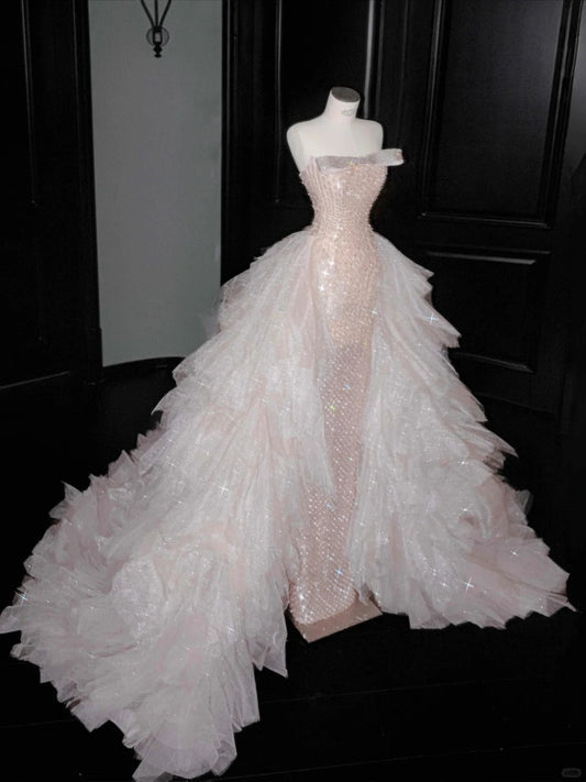 Gorgeous Strapless Blush Pink Sequin Chiffon Sheath Prom Dresses Sweet Formal Evening Dresses- RF0452