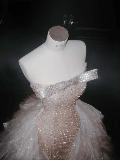 Gorgeous Strapless Blush Pink Sequin Chiffon Sheath Prom Dresses Sweet Formal Evening Dresses- RF0452