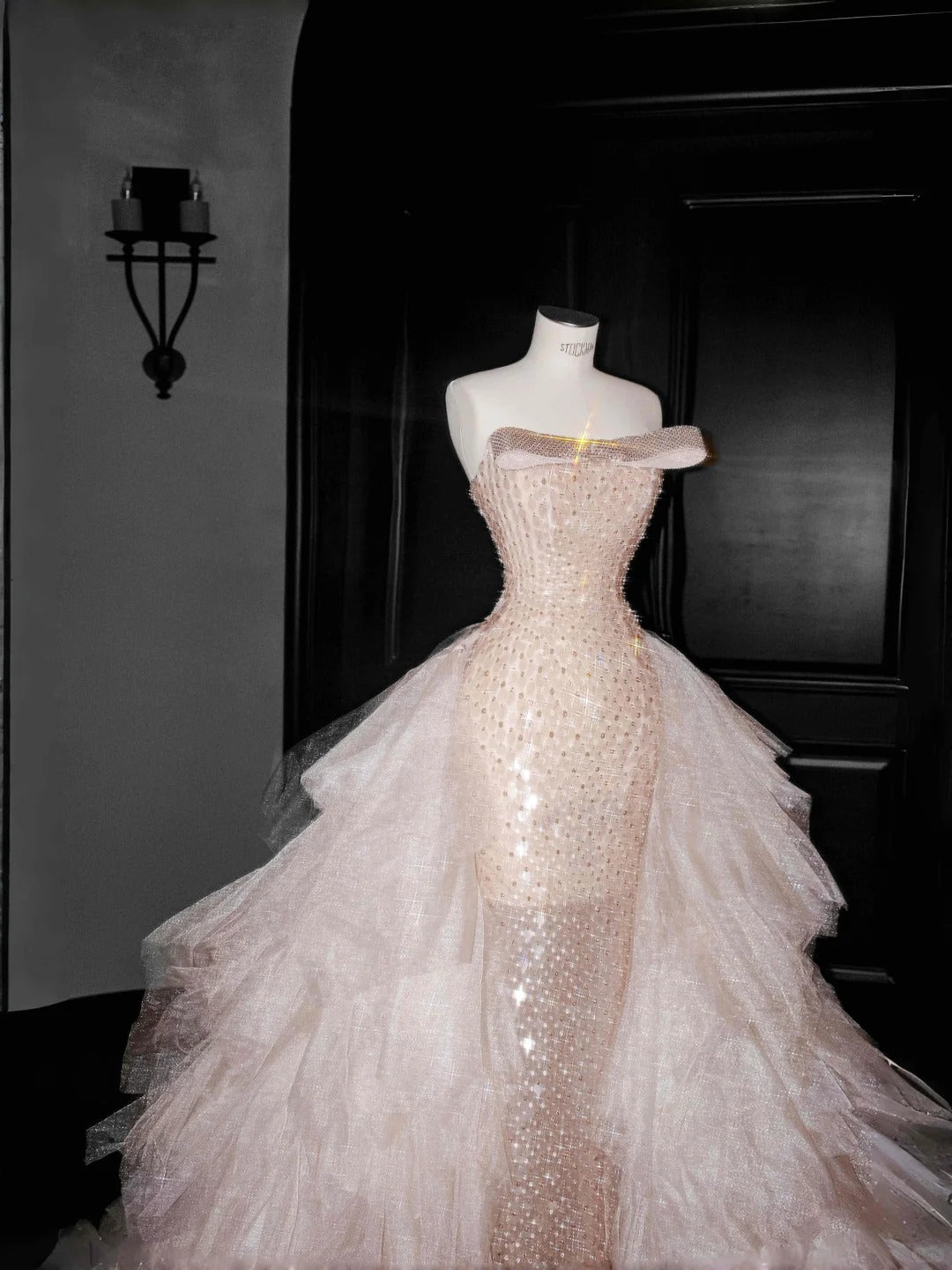 Gorgeous Strapless Blush Pink Sequin Chiffon Sheath Prom Dresses Sweet Formal Evening Dresses- RF0452
