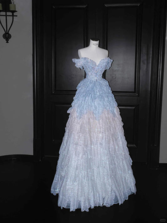 Sweet Gradient Off-the-shoulder A-Line Tulle Long Prom Dresses Sparkling Beaded Evening Dress- RF0454
