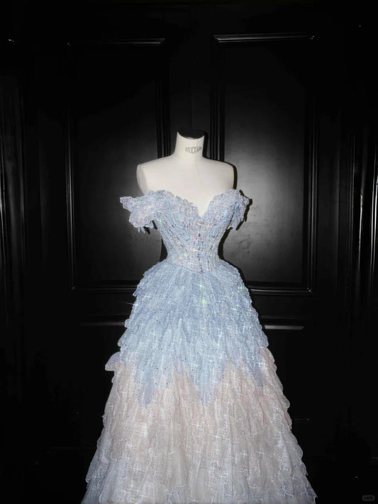 Sweet Gradient Off-the-shoulder A-Line Tulle Long Prom Dresses Sparkling Beaded Evening Dress- RF0454