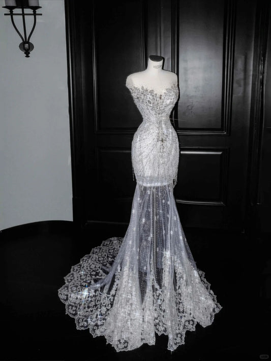 Elegant V-neck Tulle Beading Diamond Mermaid Long Prom Dresses Glam Formal Evening Dress- RF0455