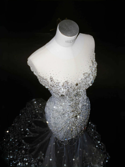 Elegant V-neck Tulle Beading Diamond Mermaid Long Prom Dresses Glam Formal Evening Dress- RF0455
