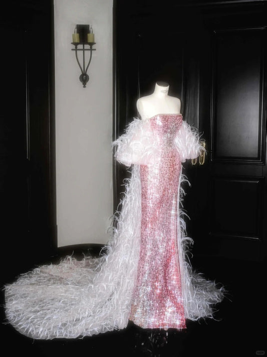 Beautiful Pink Strapless Sequin Sheath Prom Dresses Stunning Evening Dress with Train- RF0456