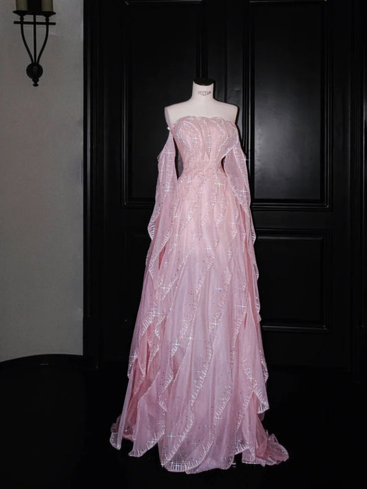 Pink Gorgeous Strapless Tulle Sequined A-Line Prom Dresses Sweet Evening Dress- RF0457
