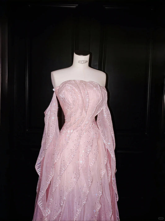 Pink Gorgeous Strapless Tulle Sequined A-Line Prom Dresses Sweet Evening Dress- RF0457