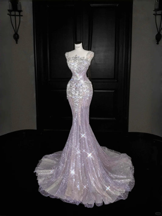 Sexy Square Neck Sequins Tulle Mermaid Diamond Prom Dresses with Train Formal Evening Dresses- RF0458