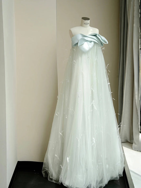 Lovely Tiffany Blue Strapless Tulle Sheath Prom Dresses Unique Evening Dress- RF0460