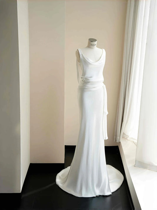 Elegant White Scoop Neck Satin Mermaid Evening Dress- RF0461