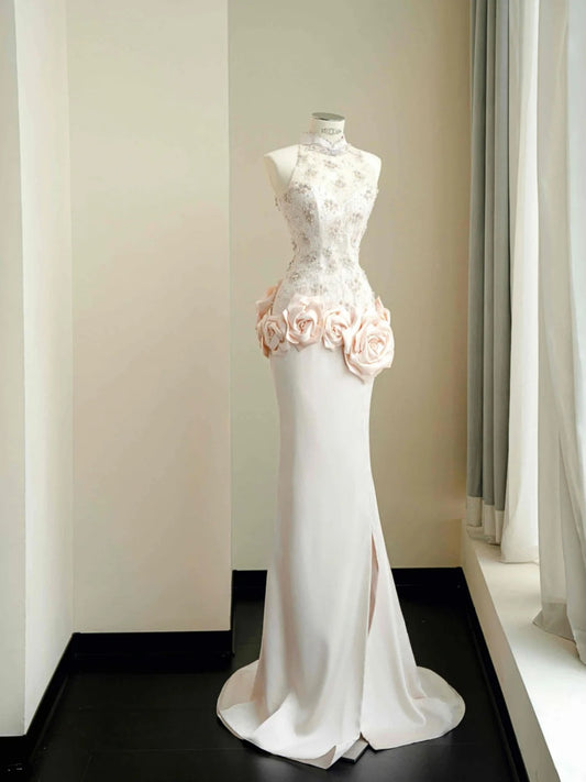 Glamorous Satin Lace Mandarin Neck Mermaid Wedding Dress, Beaded Formal Evening Gown- RF0462