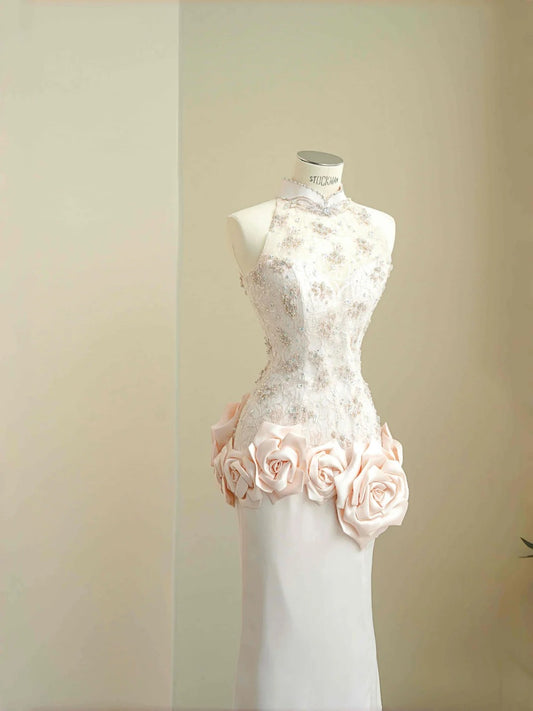 Glamorous Satin Lace Mandarin Neck Mermaid Wedding Dress, Beaded Formal Evening Gown- RF0462