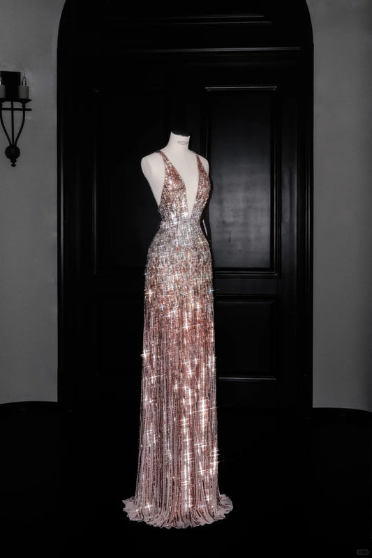 Sparkling Backless Deep V Neck Sequined Sheath Prom Dress Charming Evening Dress- RF0463