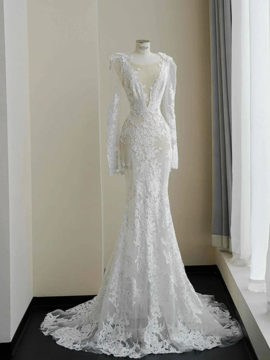 Elegant White Long Sleeve Backless Mermaid Tulle Lace Applique Wedding Dress Formal Evening Gown- RF0464
