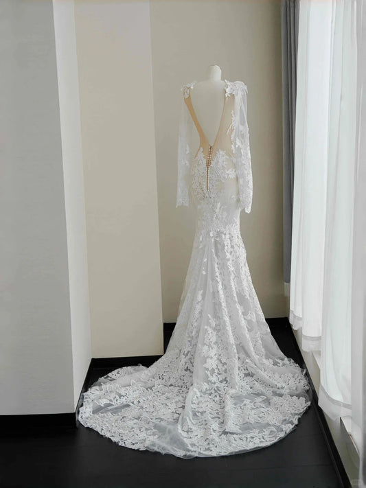 Elegant White Long Sleeve Backless Mermaid Tulle Lace Applique Wedding Dress Formal Evening Gown- RF0464