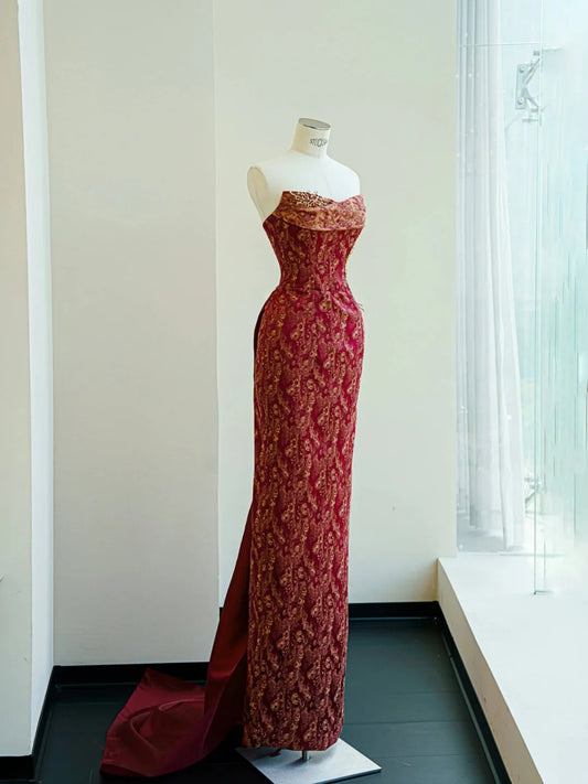 Vintage Red Strapless Jacquard Satin Sheath Evening Dress Bridal Gown- RF0466