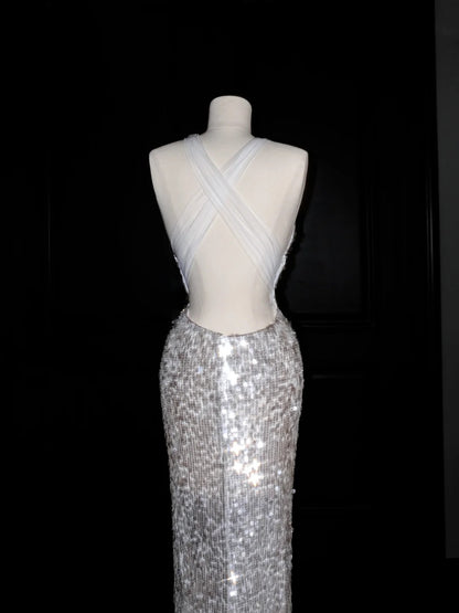 Sexy Backless Deep V Neck Mermaid Sequin Prom Dresses Gorgeous Formal Evening Dresses- RF0467