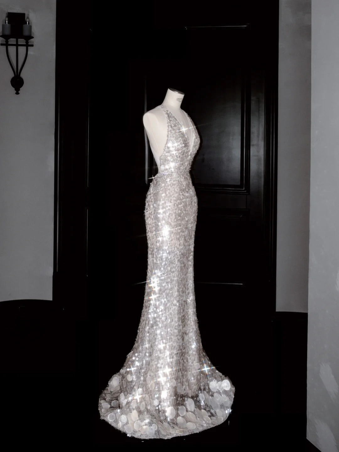 Sexy Backless Deep V Neck Mermaid Sequin Prom Dresses Gorgeous Formal Evening Dresses- RF0467