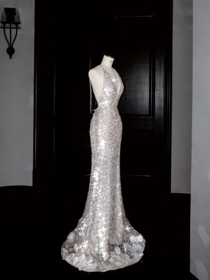 Sexy Backless Deep V Neck Mermaid Sequin Prom Dresses Gorgeous Formal Evening Dresses- RF0467