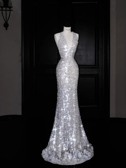 Sexy Backless Deep V Neck Mermaid Sequin Prom Dresses Gorgeous Formal Evening Dresses- RF0467
