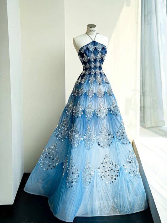 Mesmerizing Ocean Blue Halter Neck A-Line Sequin Tulle Long Prom Dresses Unique Evening Gowns- RF0468
