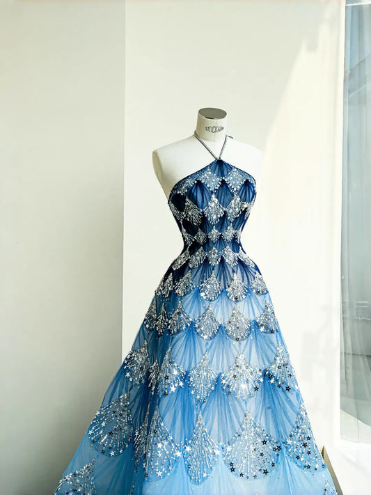 Mesmerizing Ocean Blue Halter Neck A-Line Sequin Tulle Long Prom Dresses Unique Evening Gowns- RF0468