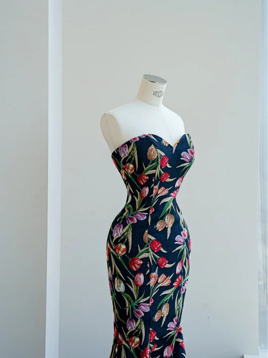 Elegant Sweetheart Neck Printed Satin Mermaid Evening Gowns- RF0469