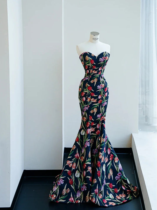 Elegant Sweetheart Neck Printed Satin Mermaid Evening Gowns- RF0469