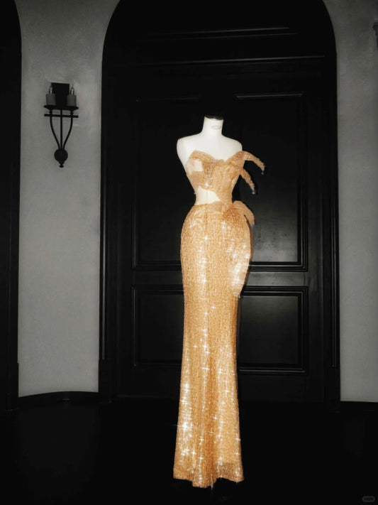 Beautiful Orange Strapless Beaded Mermaid Prom Dresses Elegant Evening Dresses- RF0470