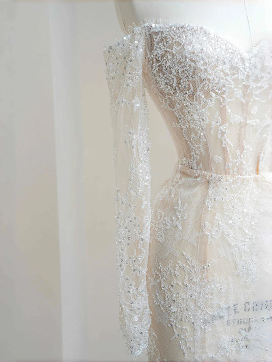 Elegant White Lace Sequin Mermaid Wedding Dress Charming Sweetheart Long Sleeves Evening Dress- RF0472
