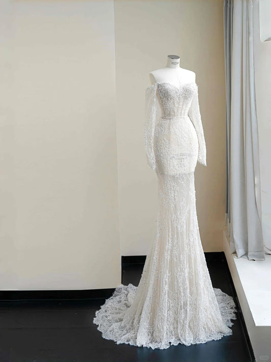 Elegant White Lace Sequin Mermaid Wedding Dress Charming Sweetheart Long Sleeves Evening Dress- RF0472