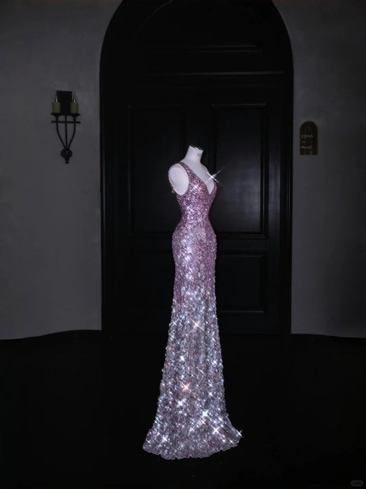 Sparkling Pink Sequin Sheath V Neck Formal Evening Dress Unique Bridesmaid Dress RF0474