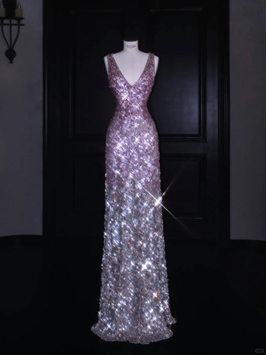 Sparkling Pink Sequin Sheath V Neck Formal Evening Dress Unique Bridesmaid Dress RF0474