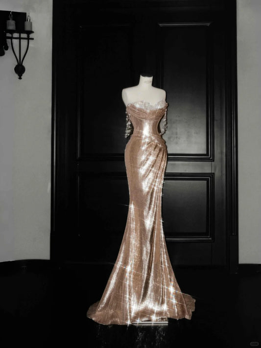 Elegant Champagne Off Shoulder Mermaid Sequin Long Prom Dresses Formal Evening Dresses RF0475