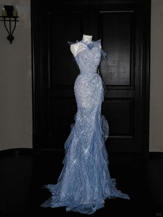Stunning Grey Blue Tulle Sequin Mermaid Halter Neck Long Prom Dresses Formal Evening Dresses RF0477