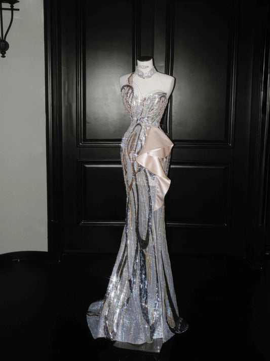 Fashion Silver Sequin Mandarin Collar Mermaid Long Prom Dress Elegant Formal Evening Dress RF0479