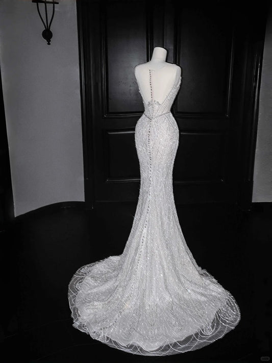 Gorgeous Light Grey Mermaid Round Neck Sequined Tulle Long Prom Dresses Formal Evening Dress RF0480