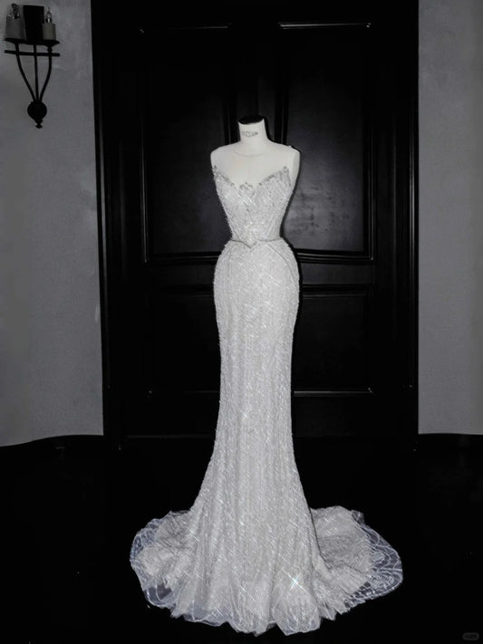 Gorgeous Light Grey Mermaid Round Neck Sequined Tulle Long Prom Dresses Formal Evening Dress RF0480