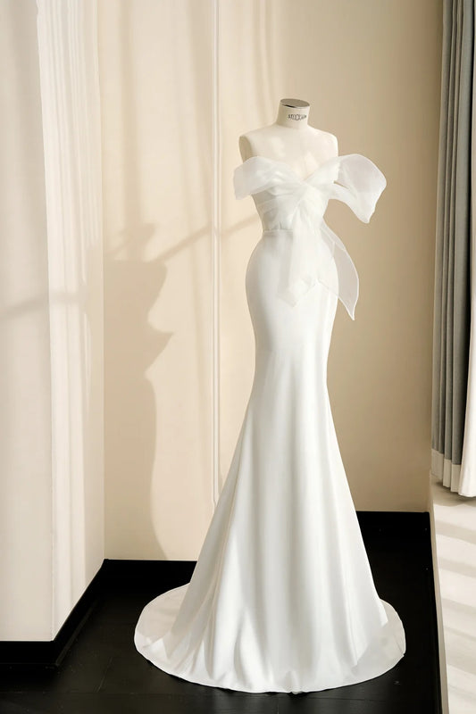 Charming White Mermaid Satin Strapless Wedding Dress Formal Evening Dress RF0485