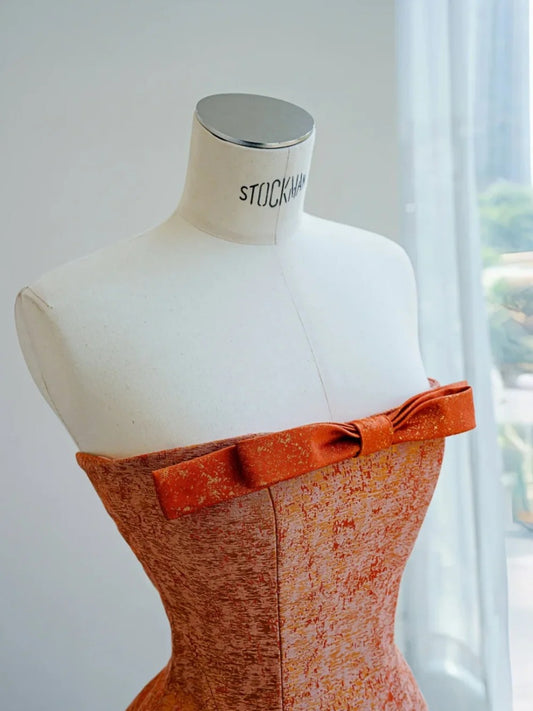 Elegant Satin Orange Sheath Strapless Prom Dresses Formal Evening Dresses RF0486