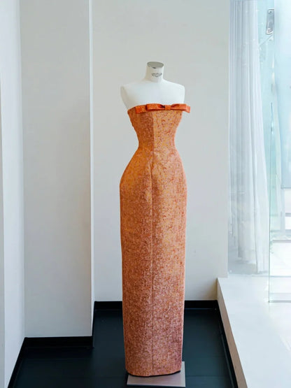 Elegant Satin Orange Sheath Strapless Prom Dresses Formal Evening Dresses RF0486