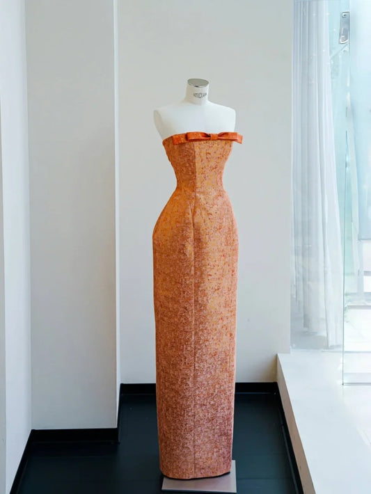 Elegant Satin Orange Sheath Strapless Prom Dresses Formal Evening Dresses RF0486